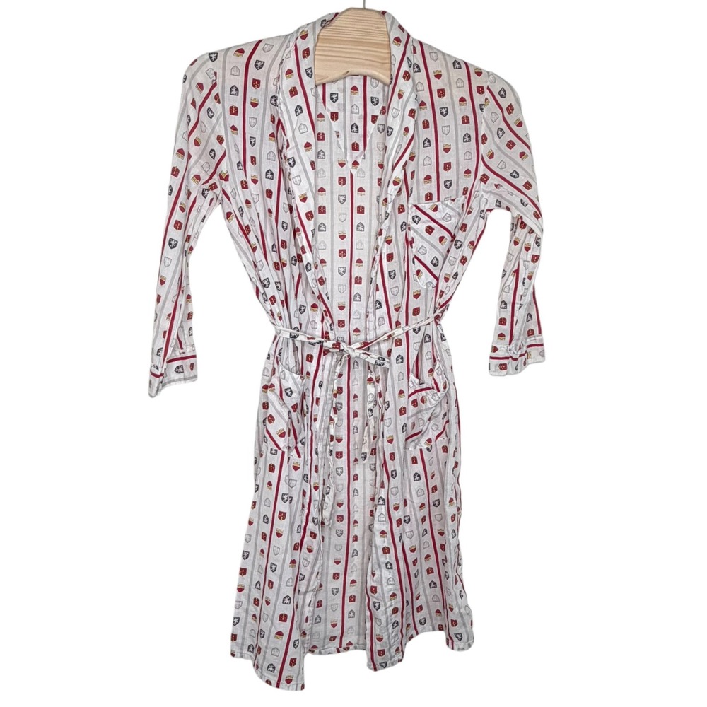 Fruit of the Loom Robe Large White Red Crest Stripe Vintage Cotton Tie Waist